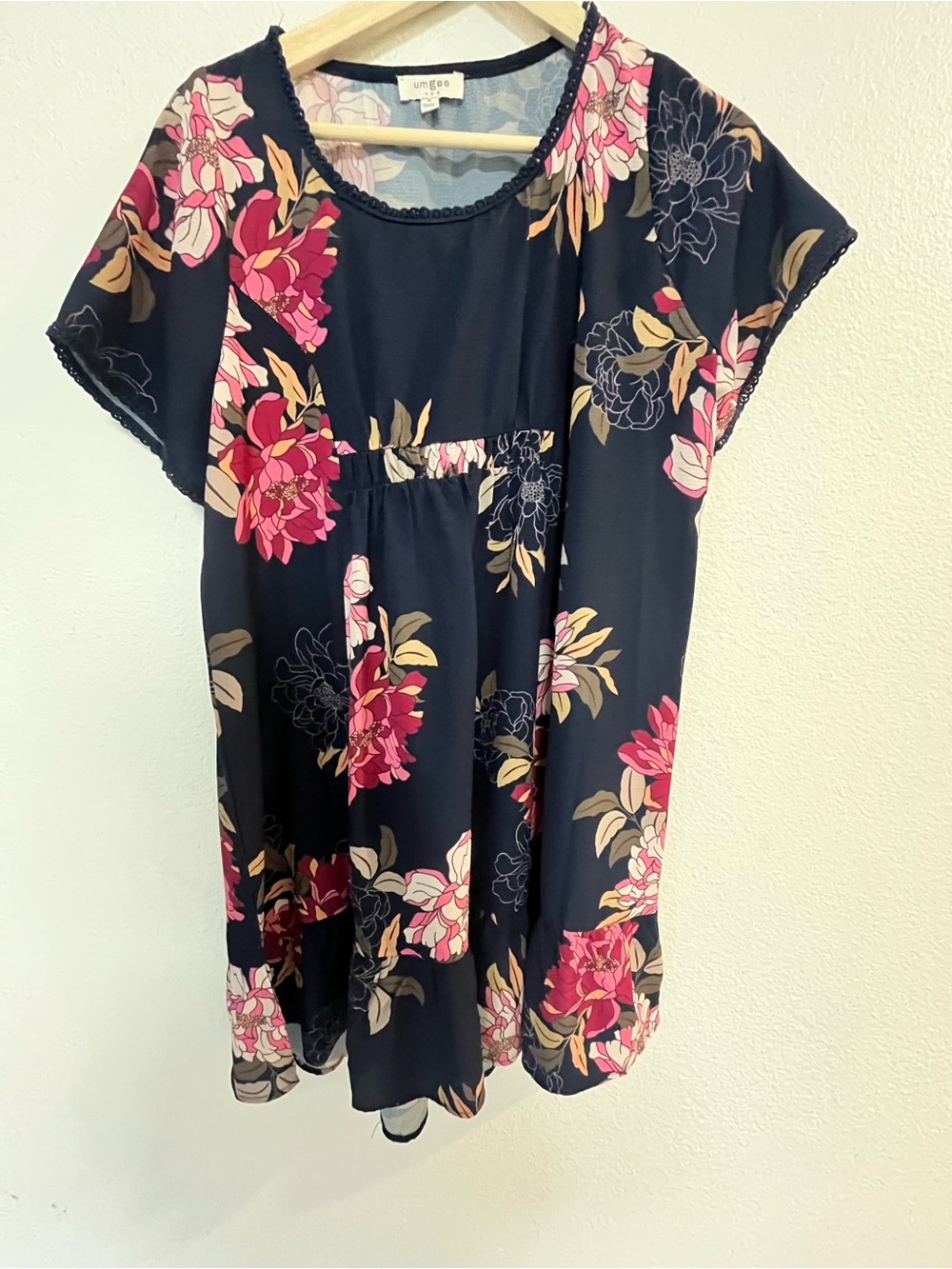 Umgee Navy Floral Empire Waist Babydoll Dress